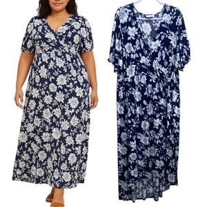 Studio B Bobeau Navy Blue White Floral Faux Wrap Maxi Dress Size 3X